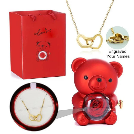 Rotating Eternal Rose Bear Necklace Gift Box