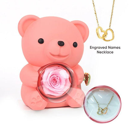 Rotating Eternal Rose Bear Necklace Gift Box